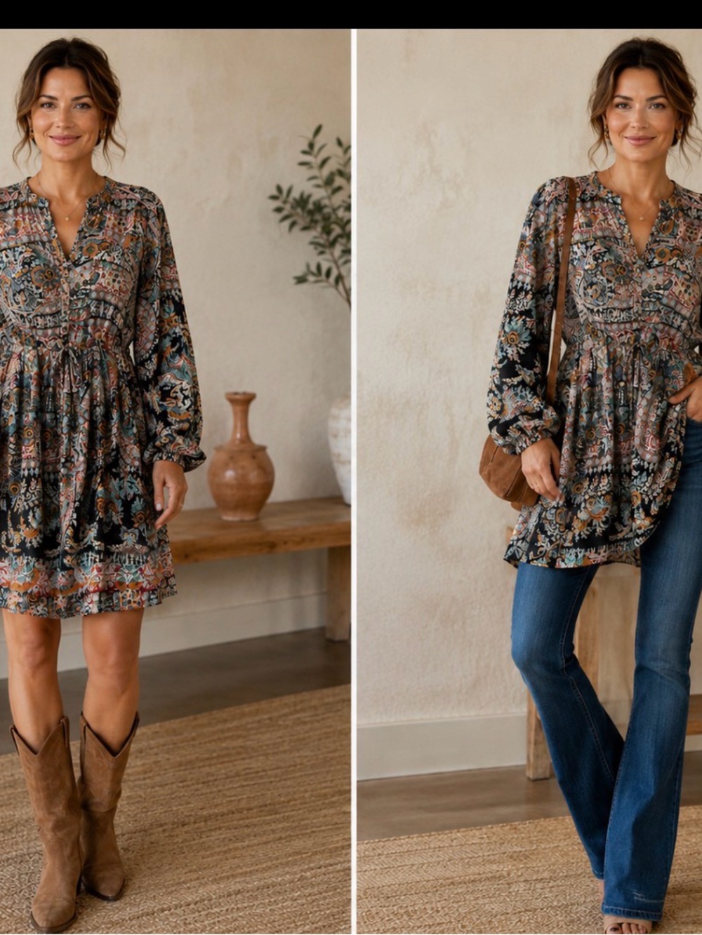 Molly Bracken Black Multi Floral Boho Mini Dress